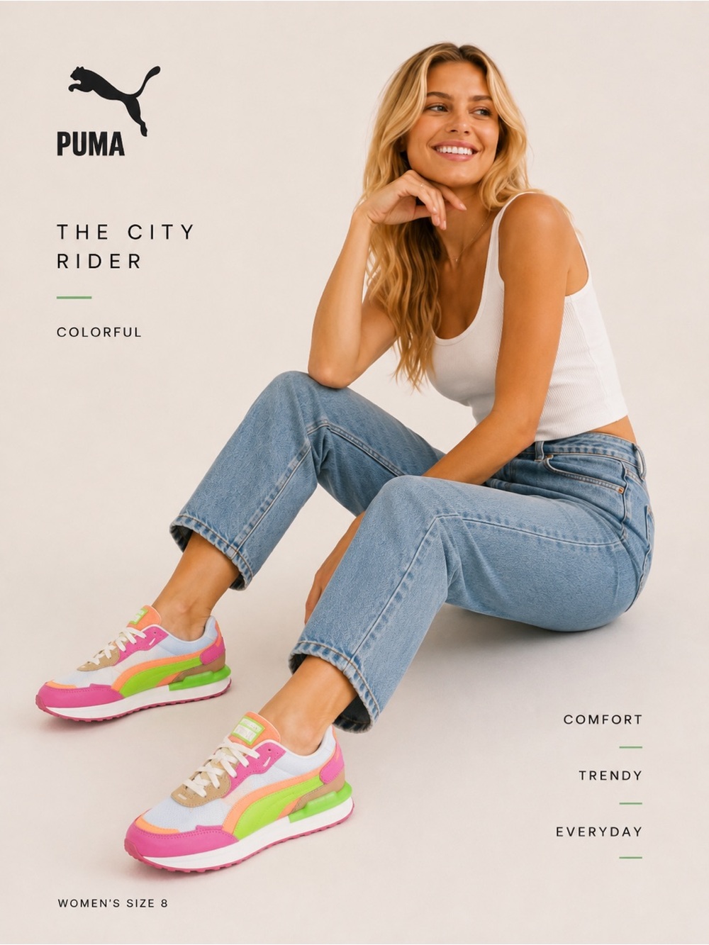 Puma The City Rider Sneakers Multicolor Women's pink green orange white size 8